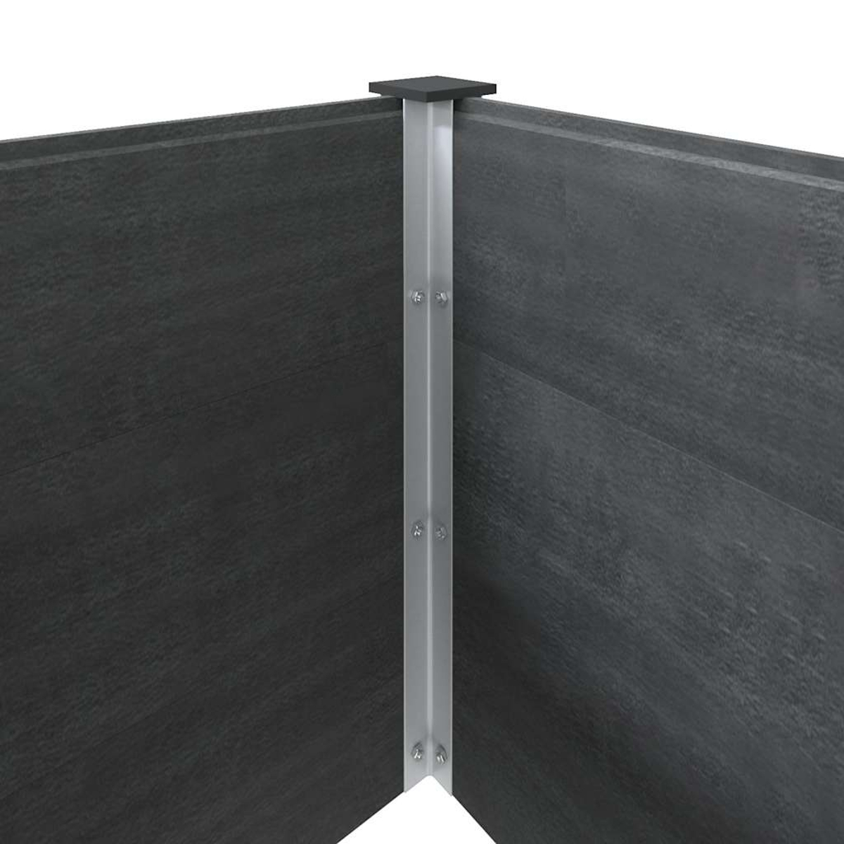 Nahaufnahme der Ecke eines schwarzen Hochbeets mit einem silbernen Metallrahmen.