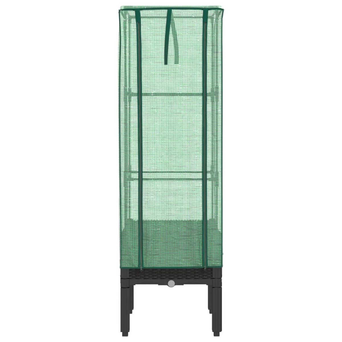 Un contenitore alto, ricoperto di verde, con ripiani. Ha una base nera con gambe e una copertura verde.