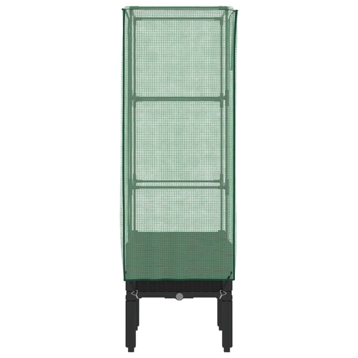 Una copertura a rete verde sopra una fioriera rettangolare con più ripiani, su gambe nere.