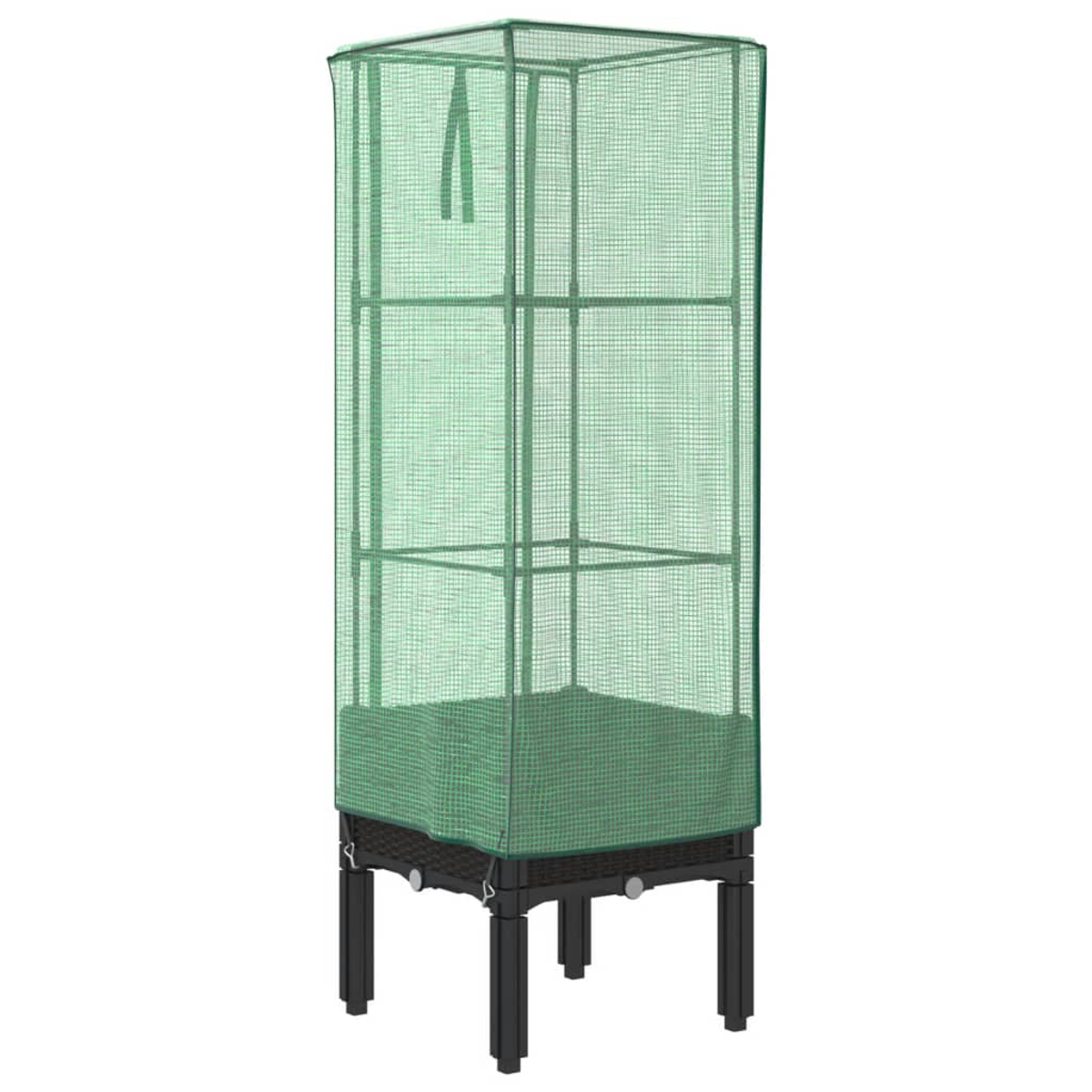 Una serra a rete verde con base quadrata e gambe nere. Ha ripiani all'interno.