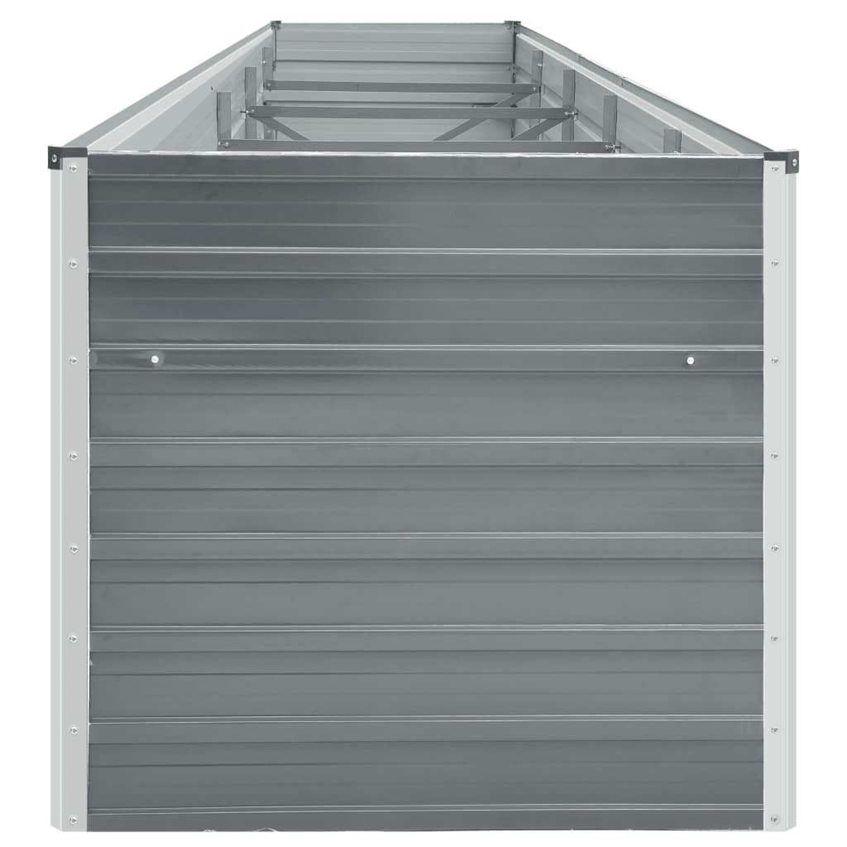 Grauer Metall-Pflanzkübel mit horizontalen Linien und weißem Rahmen.