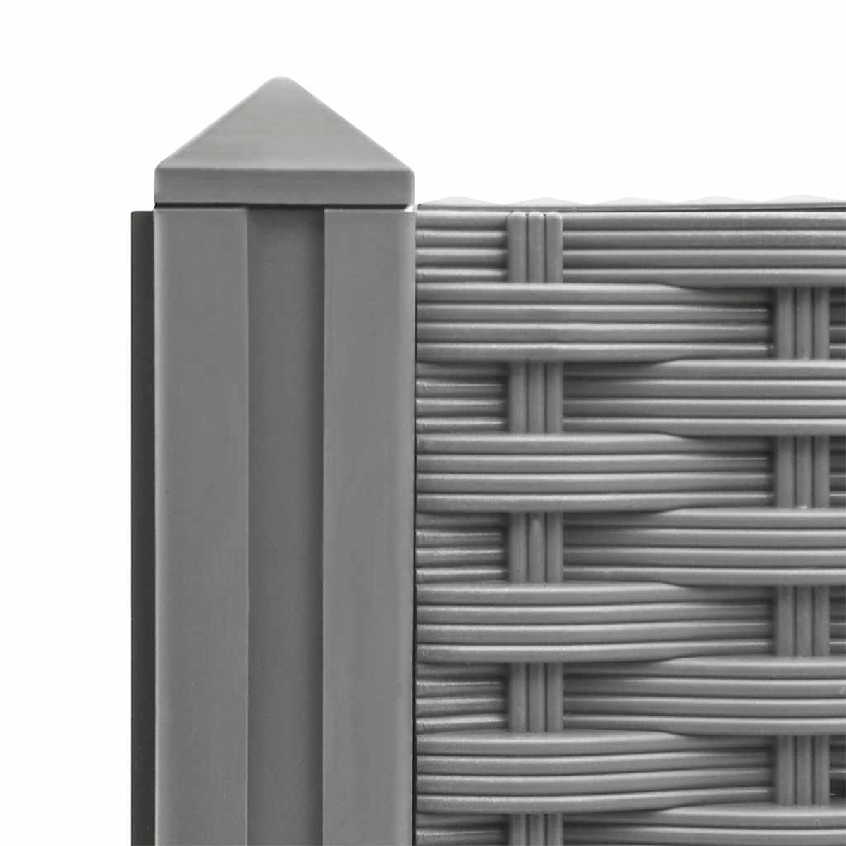 Nahaufnahme der Ecke eines grauen, gewebten Pflanzkastens. Die Ecke hat eine Pyramidenform.