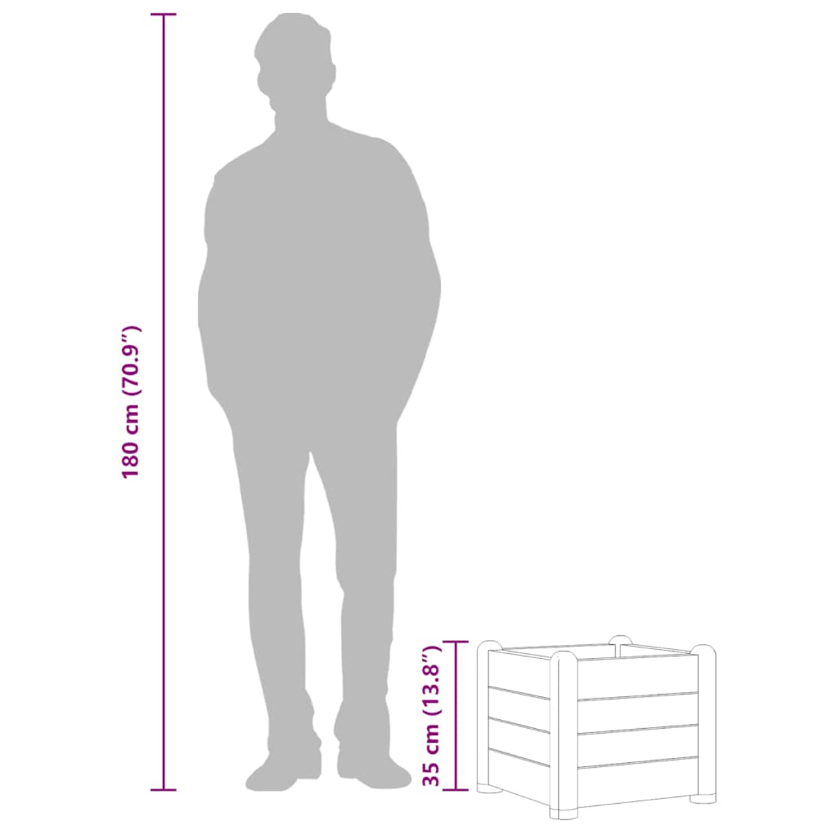 Das Bild zeigt einen ausgegrauten Mann, der neben einem Holzkübel steht, um die Größe zu demonstrieren. Der Kübel ist 35 cm groß.