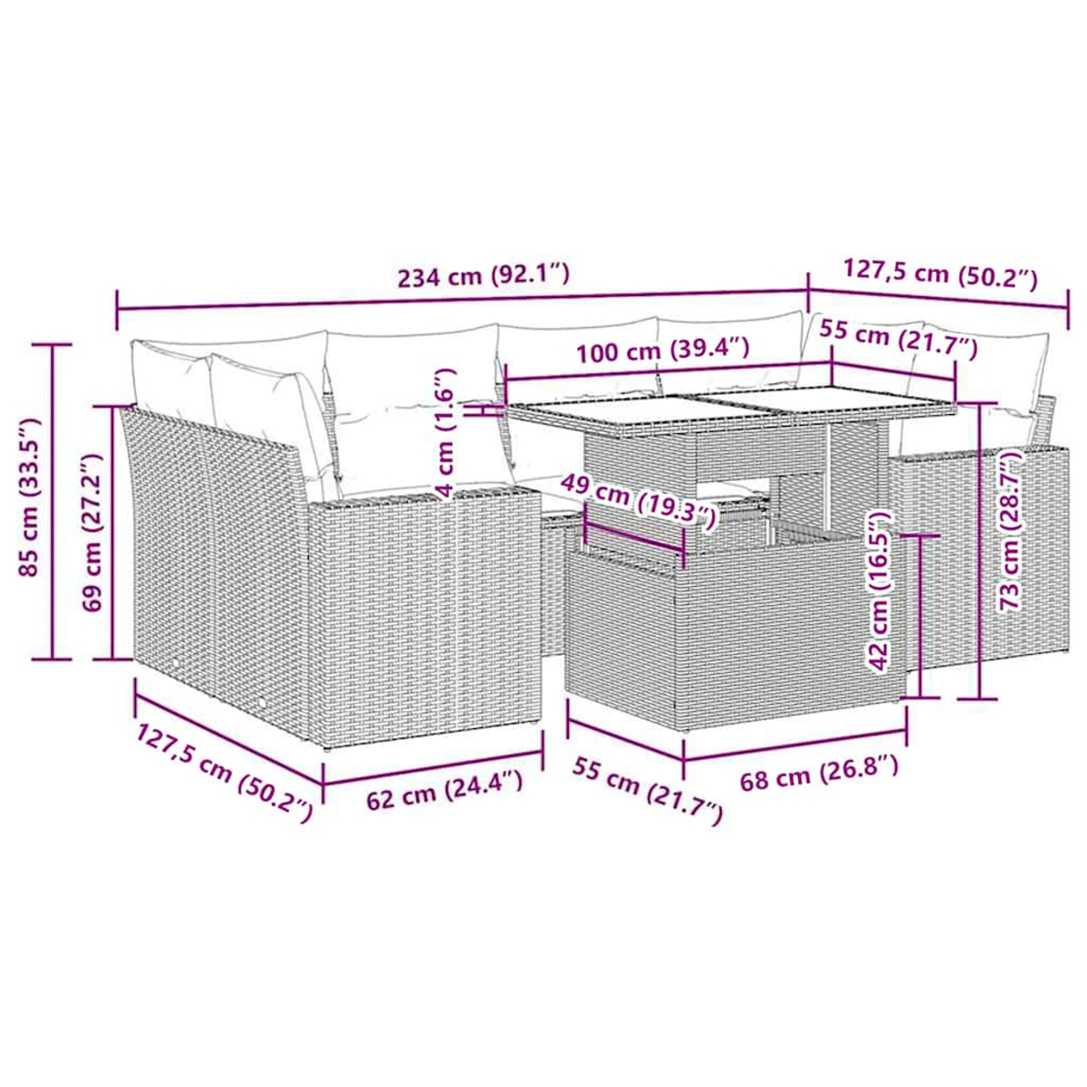 Diagramm eines grauen Korbssofa-Sets und Tisches mit Maßangaben in cm und Zoll.