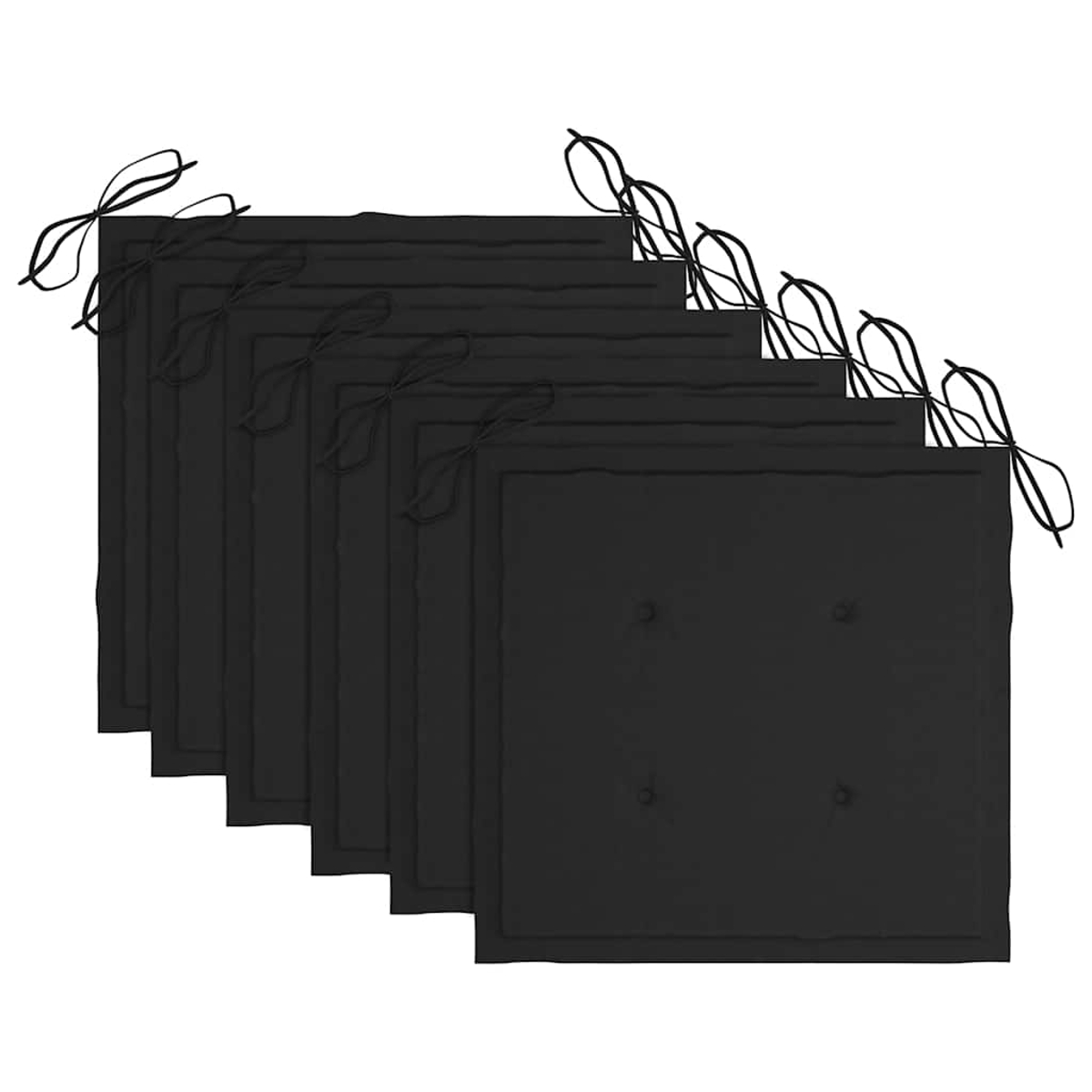 Sechs schwarze quadratische Kissen mit schwarzen Bindebändern. Die Kissen sind diagonal angeordnet. Der Hintergrund ist weiß.