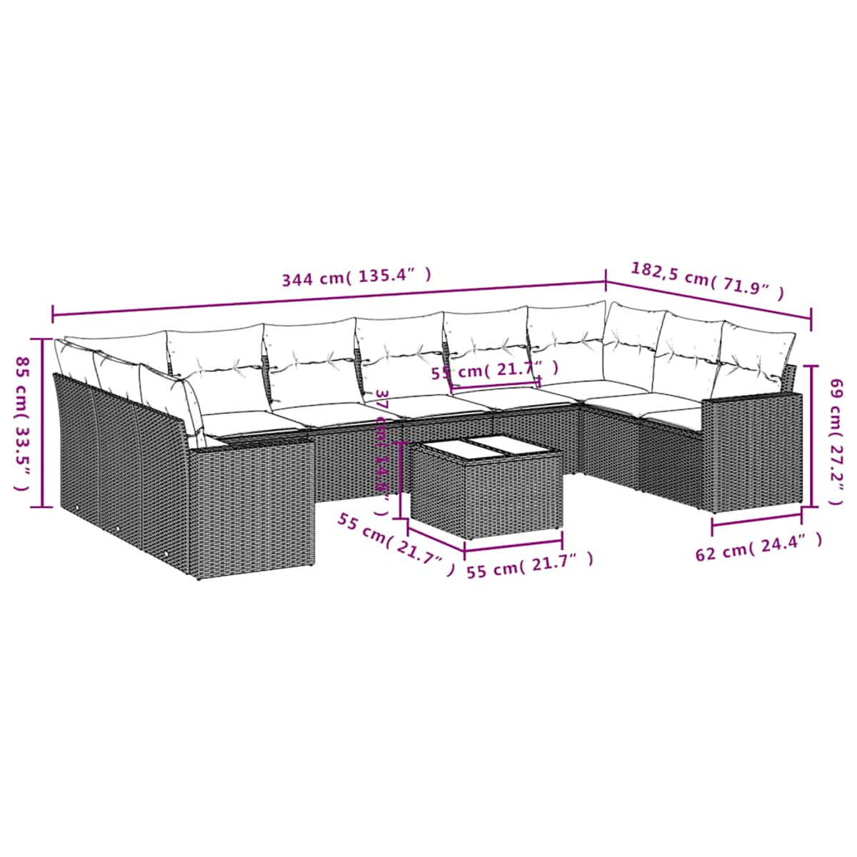 Ein großes Outdoor-Sofa-Set mit Abmessungen.