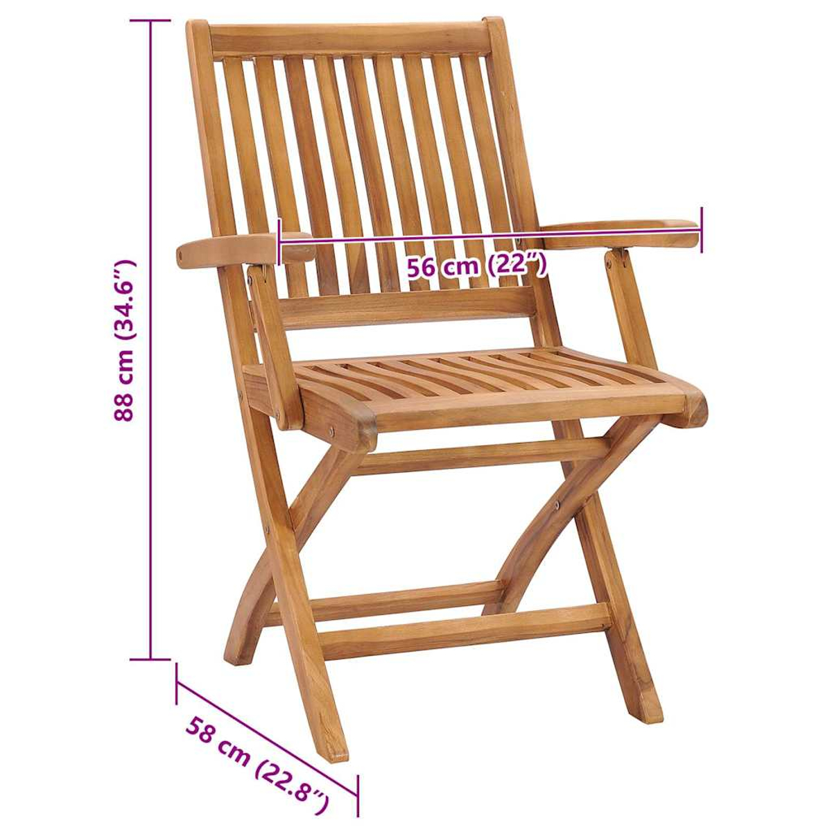 Holzstuhl mit beschrifteten Maßen.