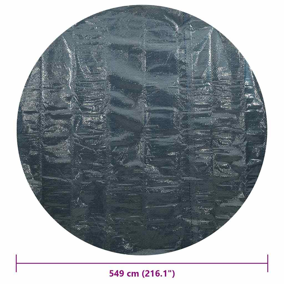 Große, kreisförmige, silbrige Plane mit einem Durchmesser von 549 cm, vor weißem Hintergrund.