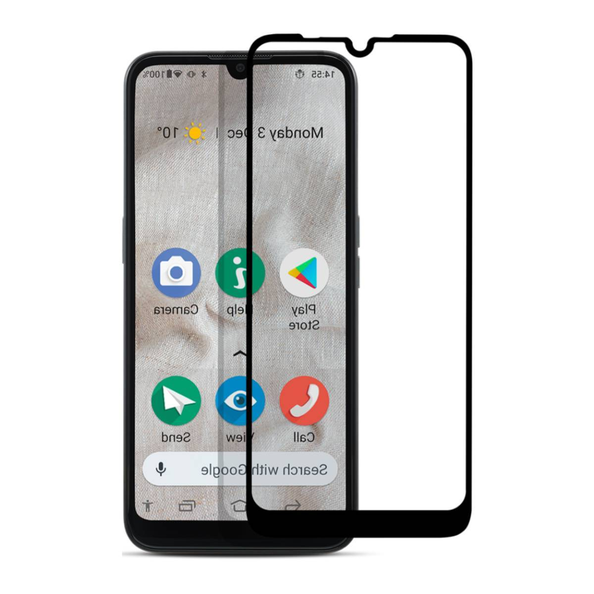 Smartphone avec protecteur d'écran, affichant un écran d'accueil avec des icônes d'applications et un fond blanc.