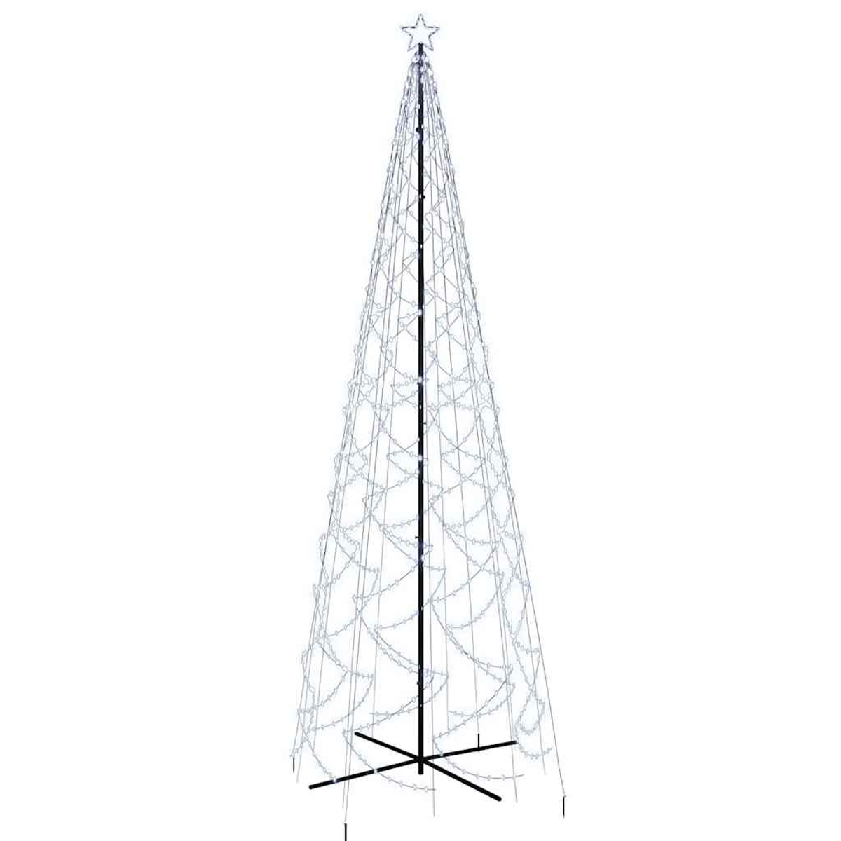 Hohe, weiße Weihnachtsbaum-Lichtanzeige. Stern oben. Schwarze Basis.