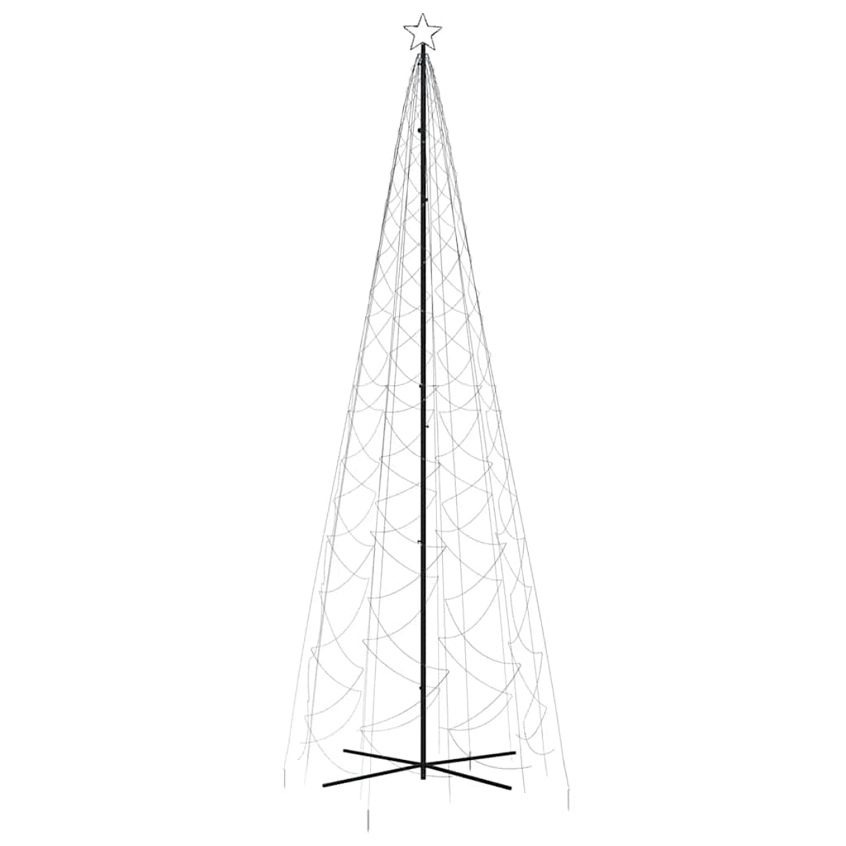 Ein hoher Weihnachtsbaum aus Draht mit Stern oben. Schwarzer Rahmen, weißer Hintergrund.