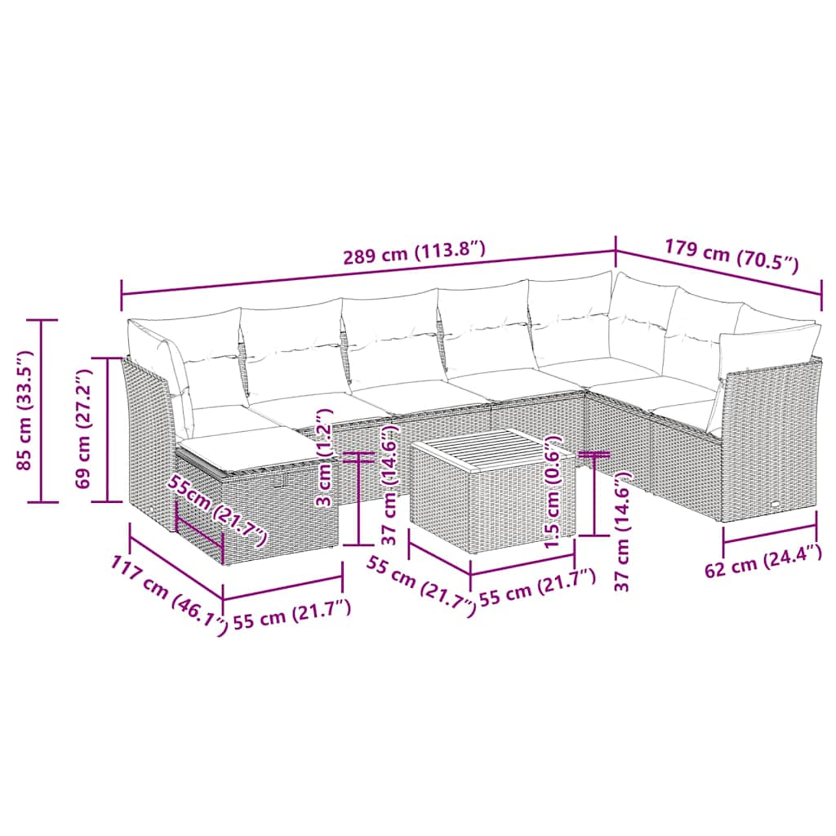 Ein L-förmiges Outdoor-Sofa mit Maßen. Es hat Kissen und einen kleinen Tisch.