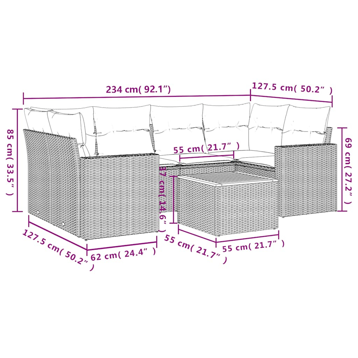 Ein L-förmiges Outdoor-Sofa mit Tisch, alles im Webstil, Maße auf dem Bild.