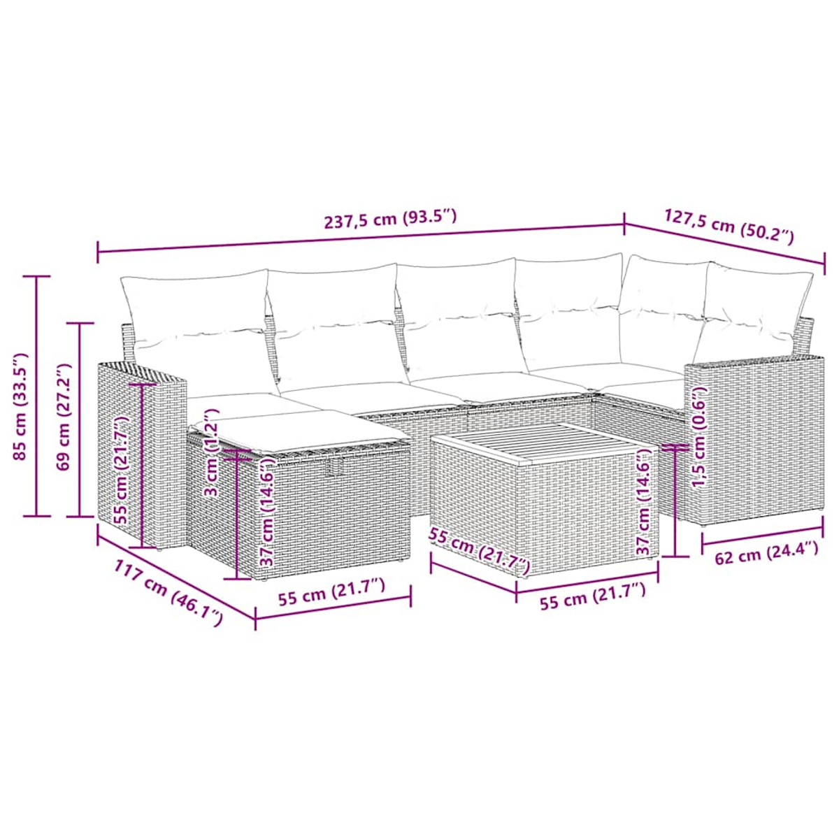 Ein Rattansofa-Set mit blauen Kissen und einem Holztisch, Abmessungen sind angegeben.