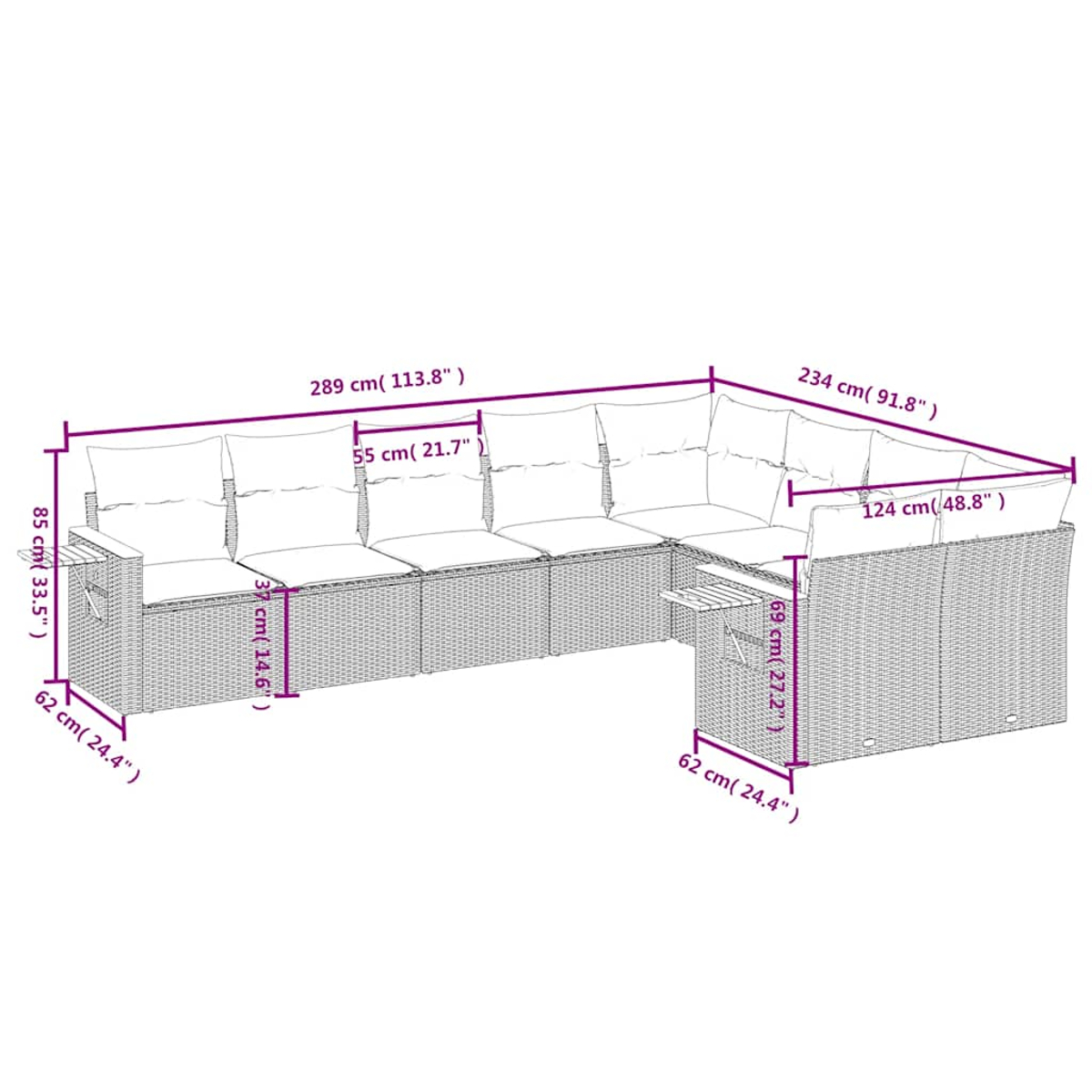 Diagramm eines großen Ecksofas aus Korbgeflecht, mit Abmessungen in cm und Zoll. Etiketten zeigen Länge, Breite und Höhe.