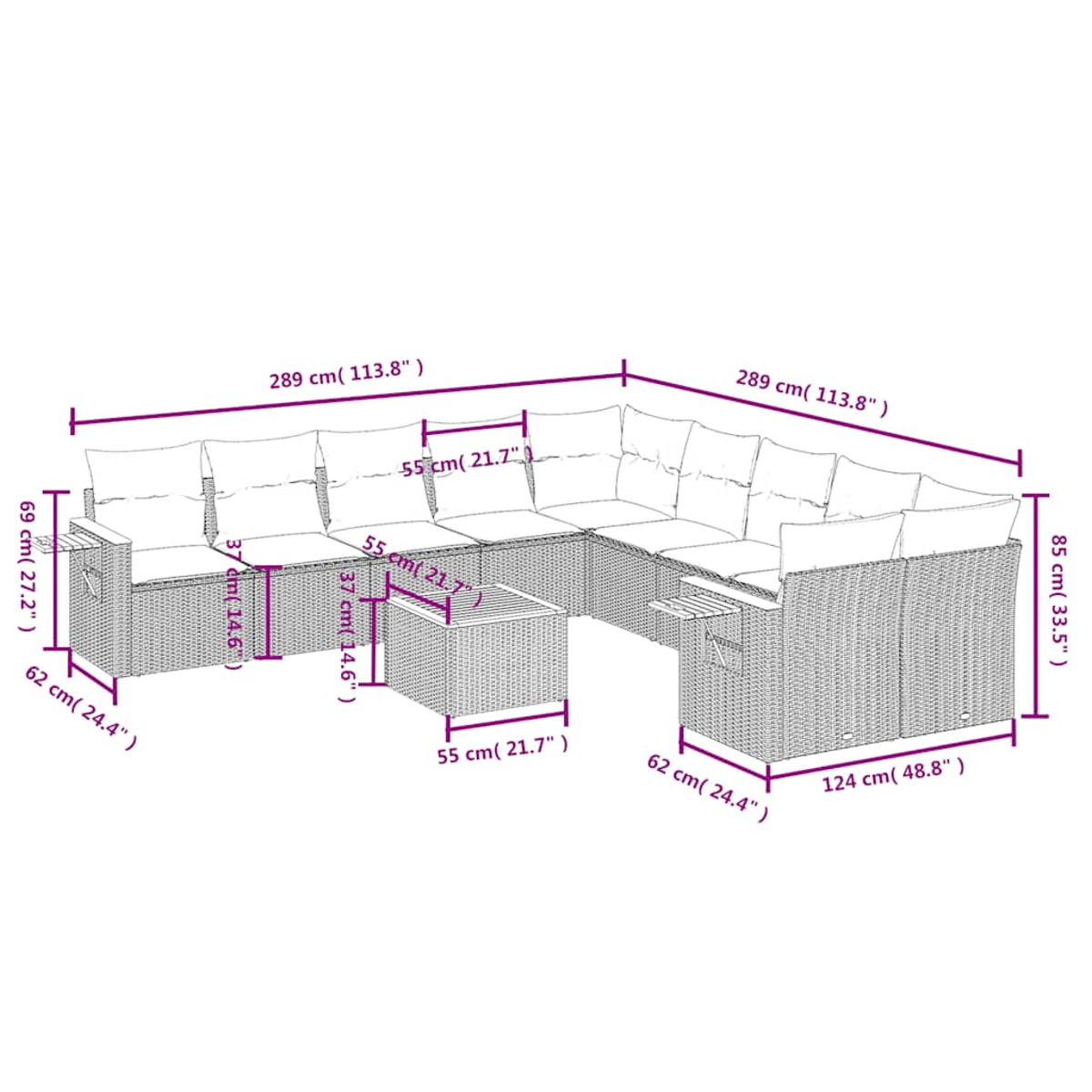 Diagramm eines großen Ecksofas mit Abmessungen. Zeigt die Abmessungen in cm und Zoll für Länge, Breite und Höhe des Sofas.