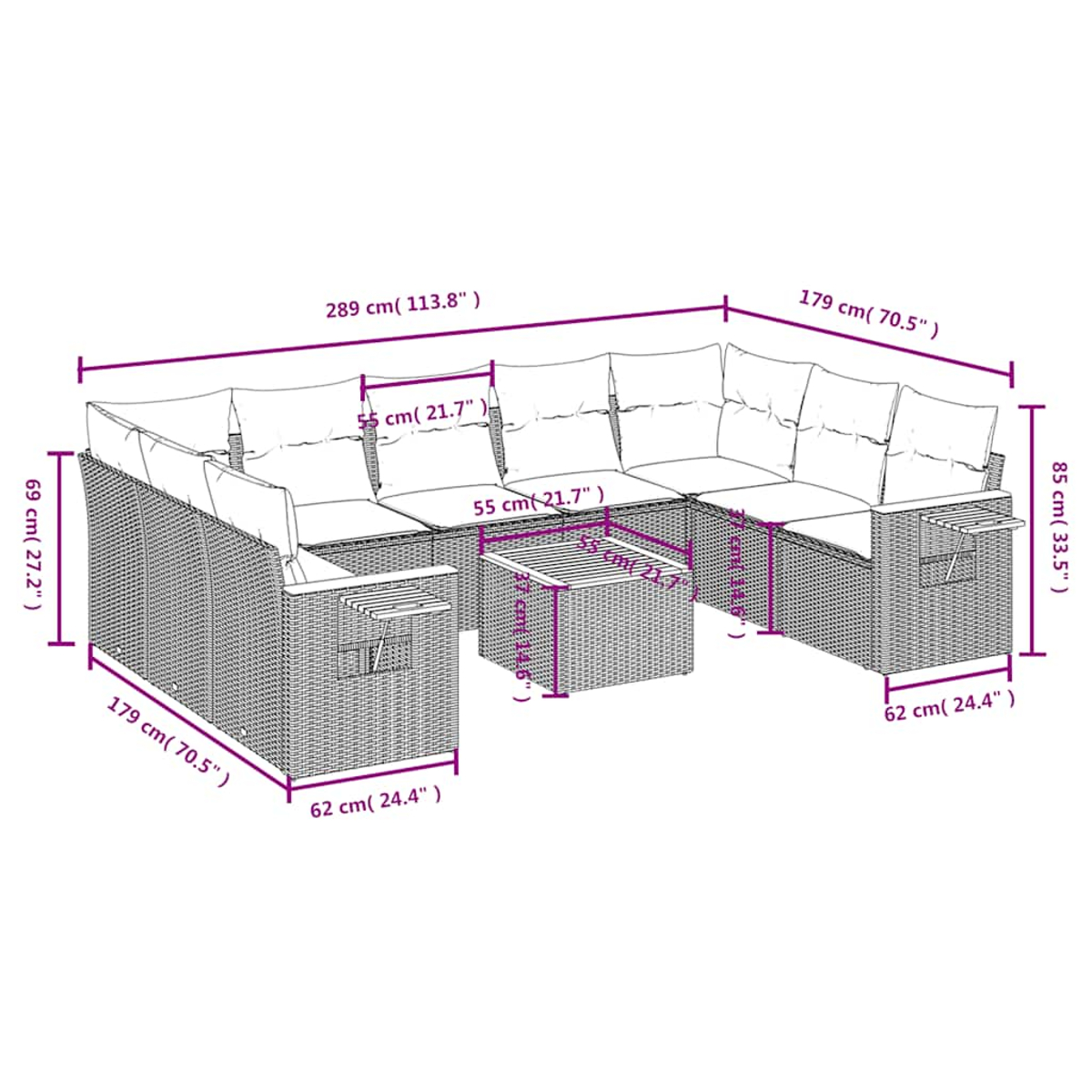 Diagramm eines großen Ecksofas mit Abmessungen in cm und Zoll. Zeigt die Länge, Breite und Höhe des Sofas.