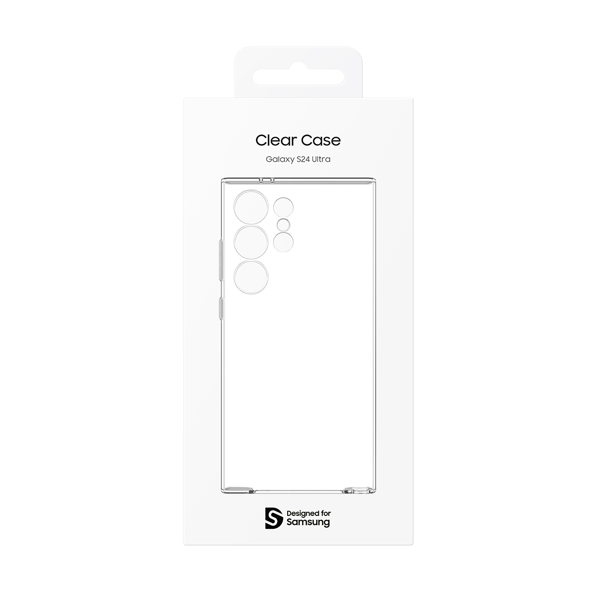 Transparante telefoonhoesverpakking, met de omtrek van de hoes en het Samsung-logo.