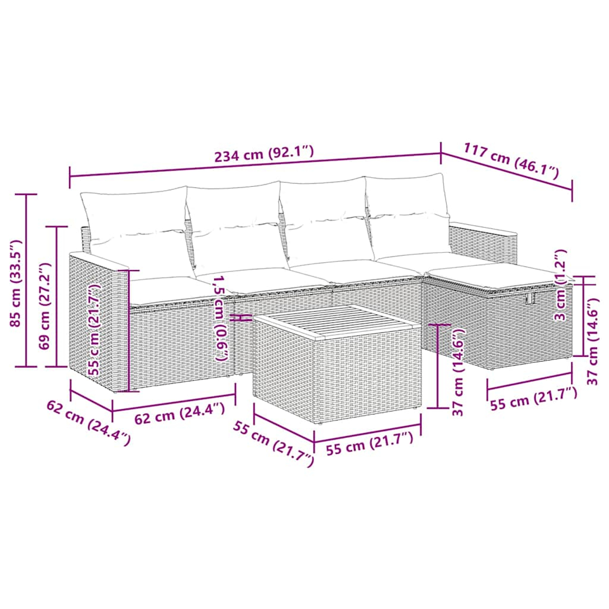 Diagramm von Sofa, Ottomane und Couchtisch mit Maßen in cm und Zoll. Weiße Kissen.