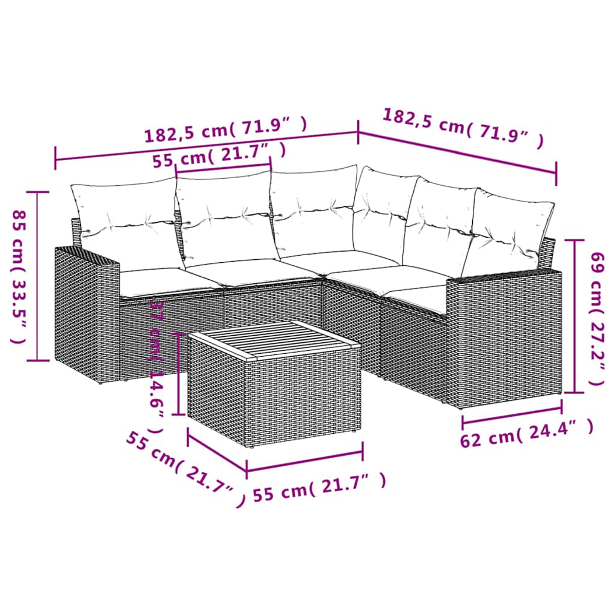 Diagramm eines Ecksofas mit in Zentimetern beschrifteten Abmessungen.