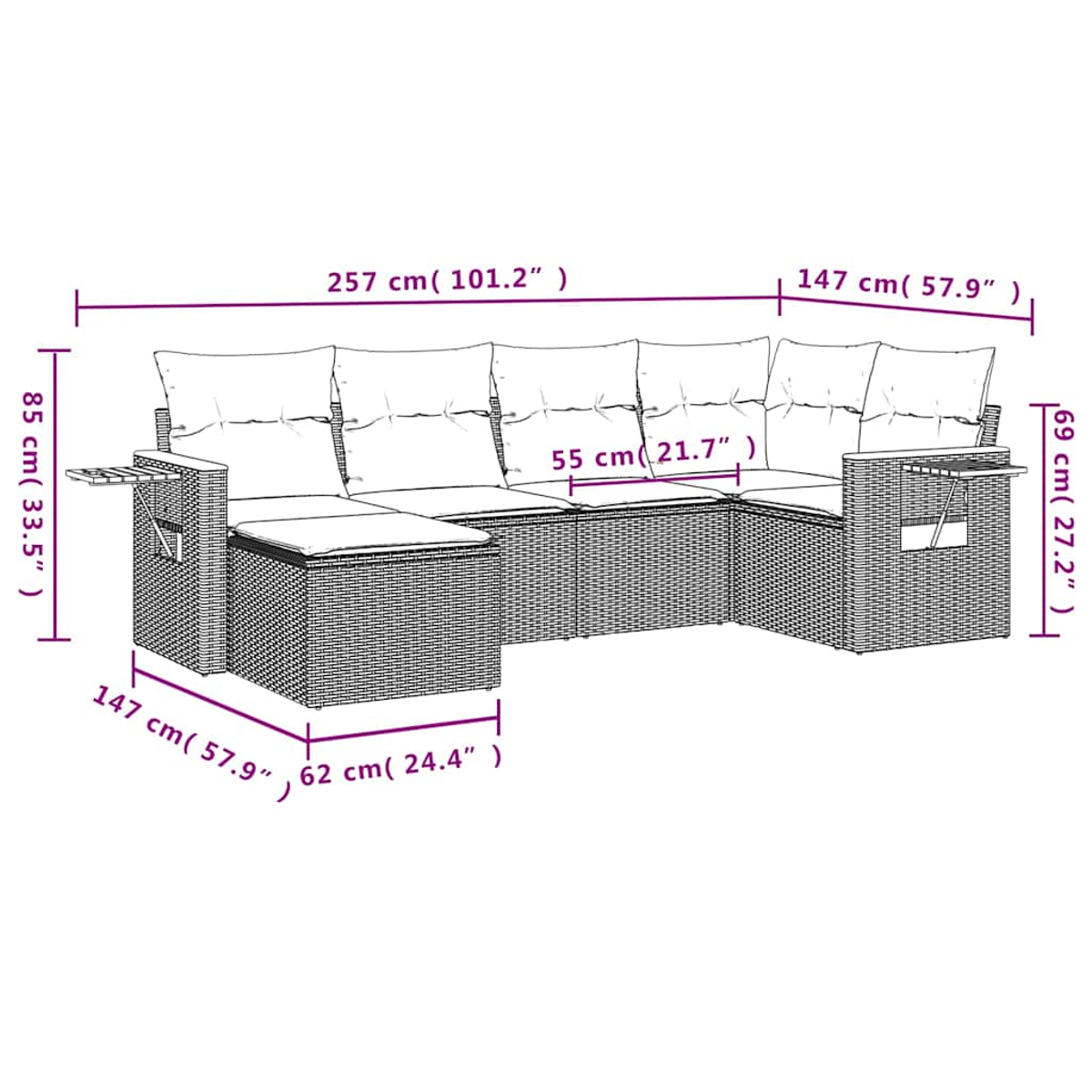 Diagramm eines Ecksofas mit in Zentimetern beschrifteten Abmessungen.