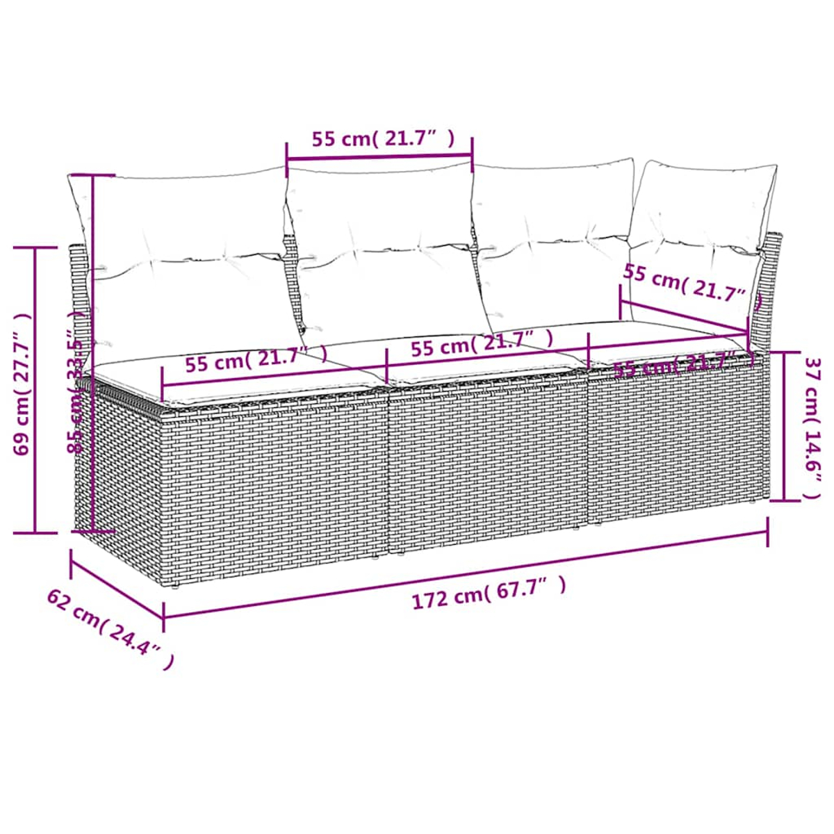 Ein Rattansofa mit überlagerten Abmessungen und weißen Kissen.