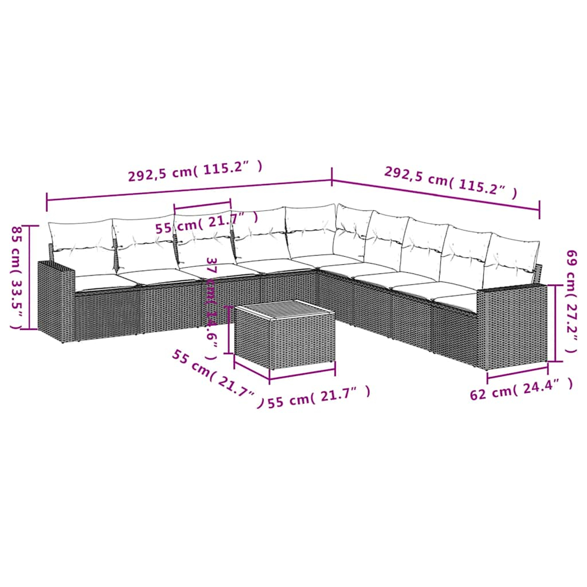 L-förmiges Outdoor-Sofa mit weißen Abmessungen. Kissen sind weiß, der Rahmen braun.