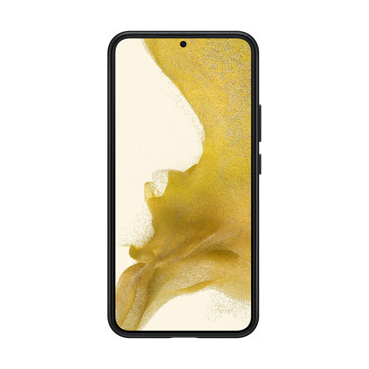Schwarzes Smartphone mit einem Bildschirm, der ein gelbes und goldenes Muster zeigt.