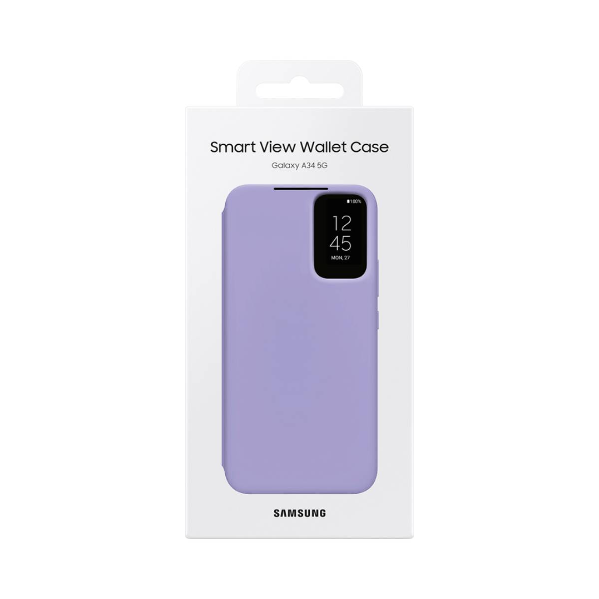 Ein Samsung Galaxy A34 5G Telefon in einem lilafarbenen Smart View Wallet Case, verpackt in einer weißen Box.