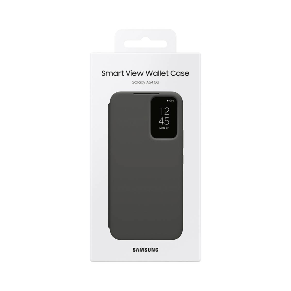 Una funda de teléfono en una caja que muestra la pantalla del teléfono con la hora y la fecha.