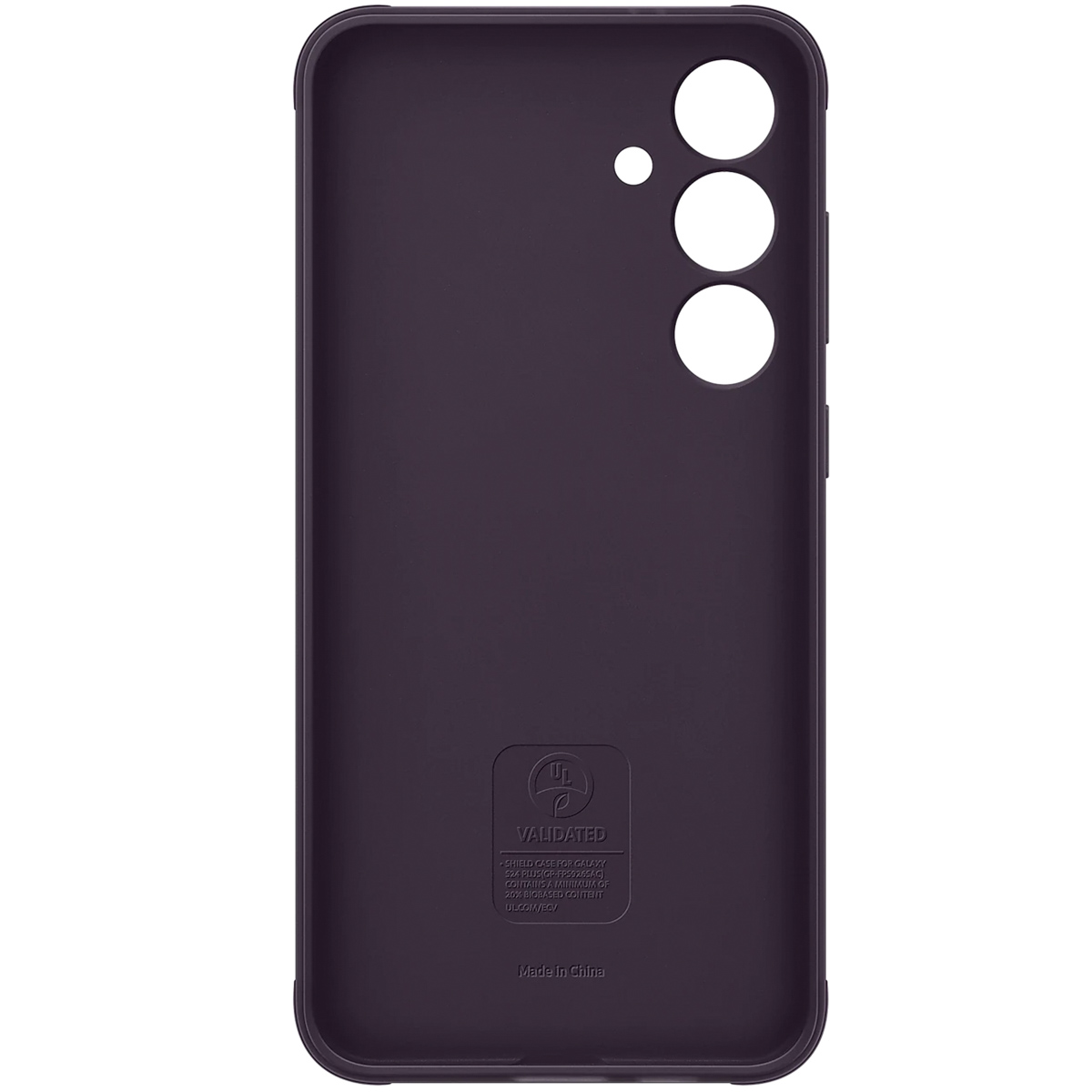 Funda morada con recortes para cámara y botones. Un sello de 'validado' abajo.