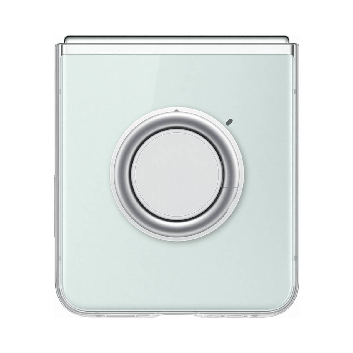 Un dispositivo cuadrado azul claro con un anillo plateado y un botón blanco. Parece una impresora.