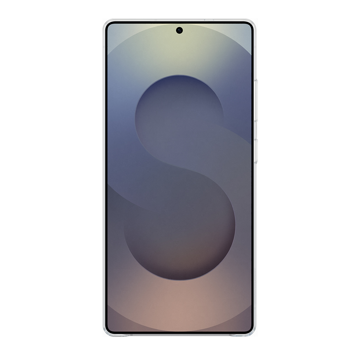 Uno smartphone con cornice grigio chiaro e schermo con grafica 'S' blu scuro.