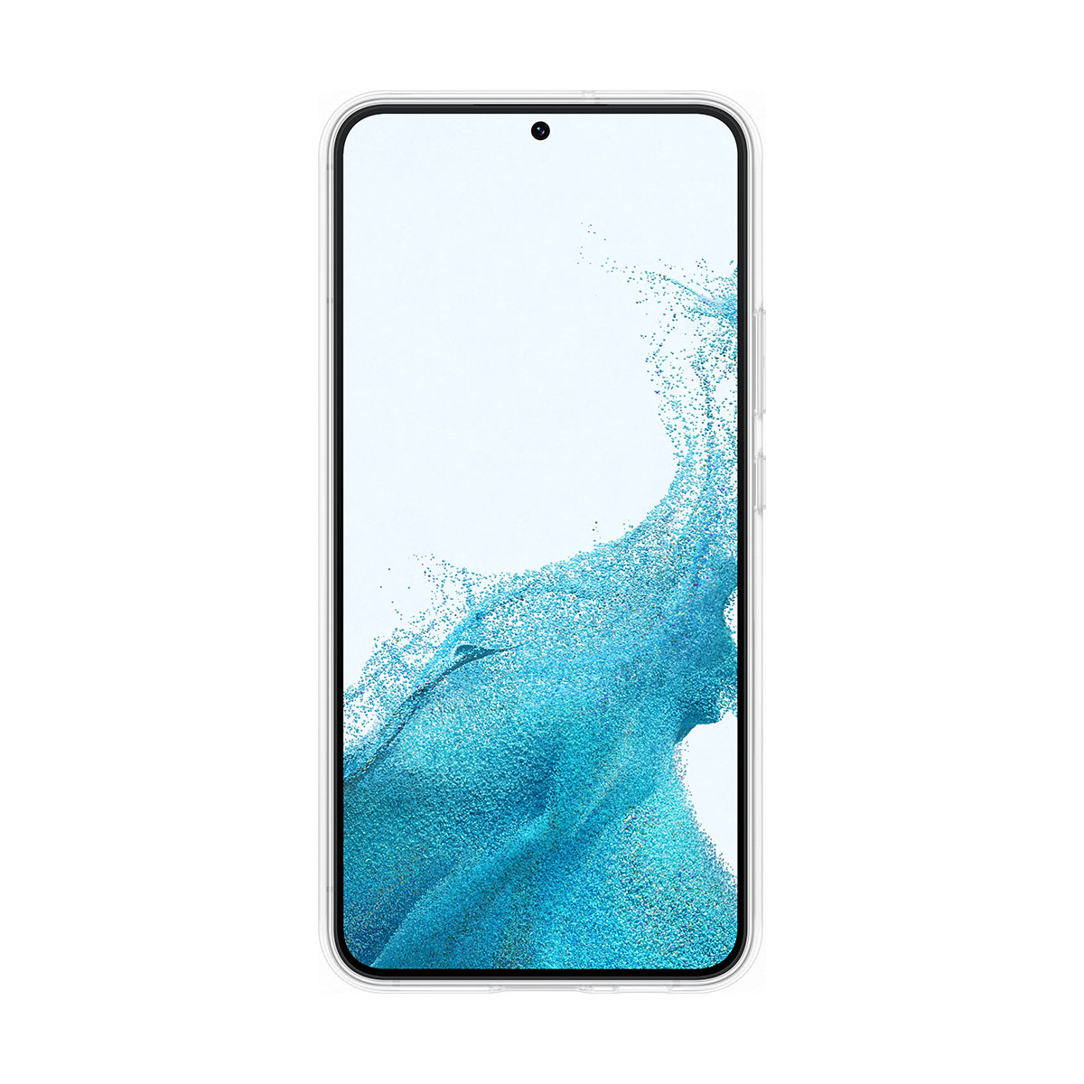 Smartphone-Bildschirm mit blauem, wasserähnlichem Grafikmuster und weißer S-Form.