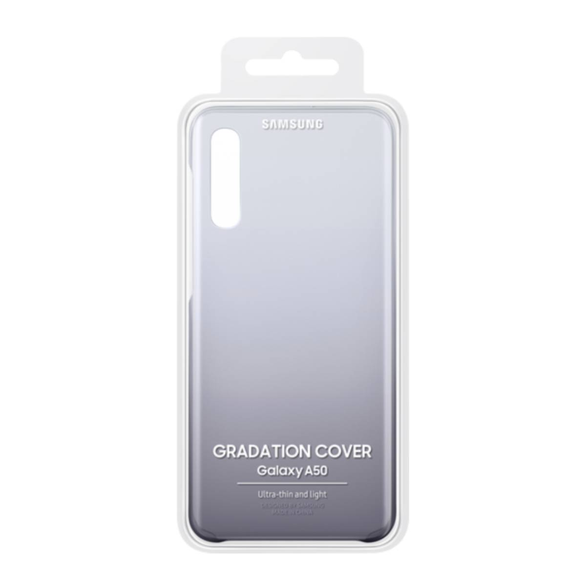 Embalaje blanco de funda Samsung, transparente con degradado. Dice 'Gradation Cover Galaxy A50'.