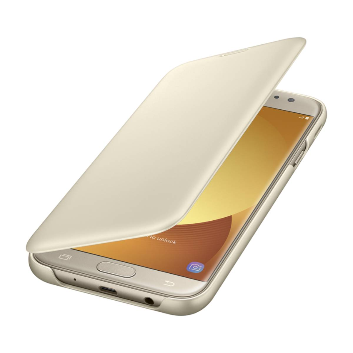 Telefon mit offener goldener Hülle. Display zeigt Bild. Weißer Hintergrund.