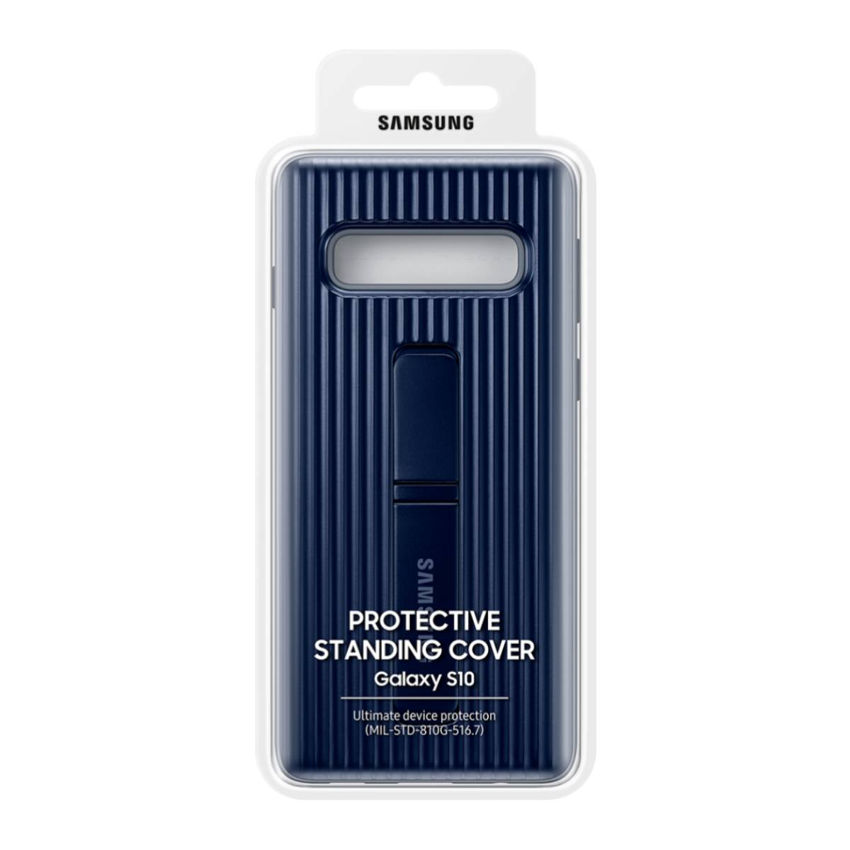 Handyhülle in Verpackung mit Ständer. Blaue Hülle. Weißer Hintergrund.
