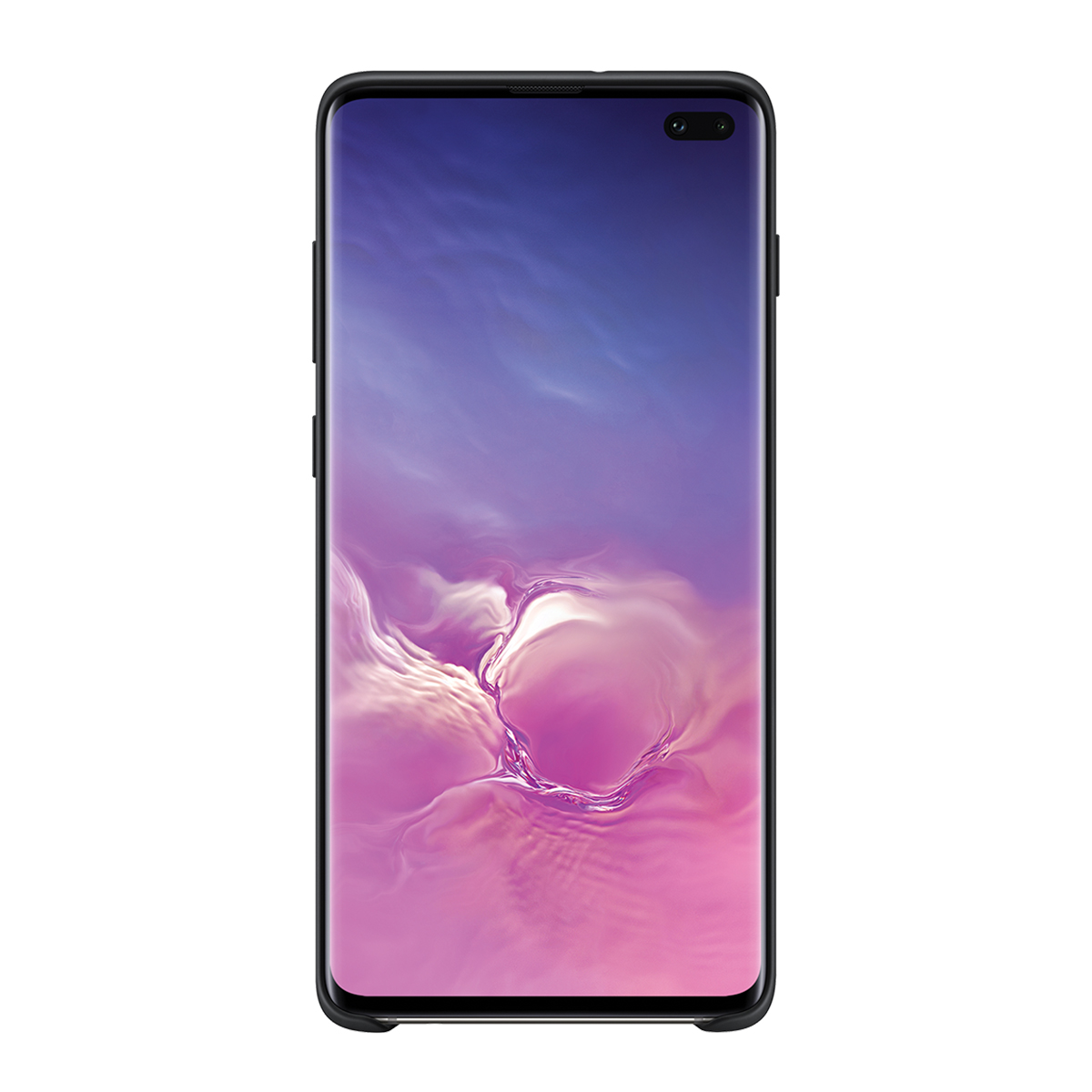 Smartphone mit schwarzem Rahmen und Bildschirm, der einen farbenfrohen abstrakten Hintergrund zeigt. Das Telefon ist auf weißem Grund.