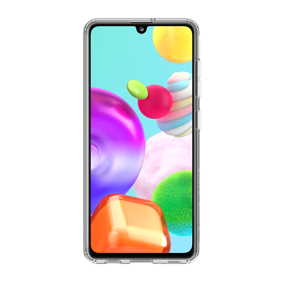 Smartphone con funda transparente, mostrando un fondo colorido de formas abstractas. El teléfono está centrado.