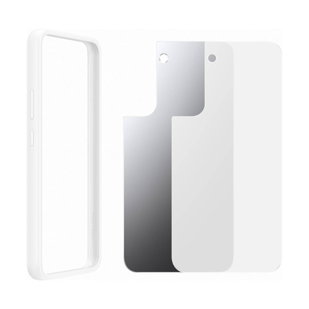 Witte telefoonframe en schermbeschermers. Eén schermbeschermer is zilvergrijs. Het frame is transparant.