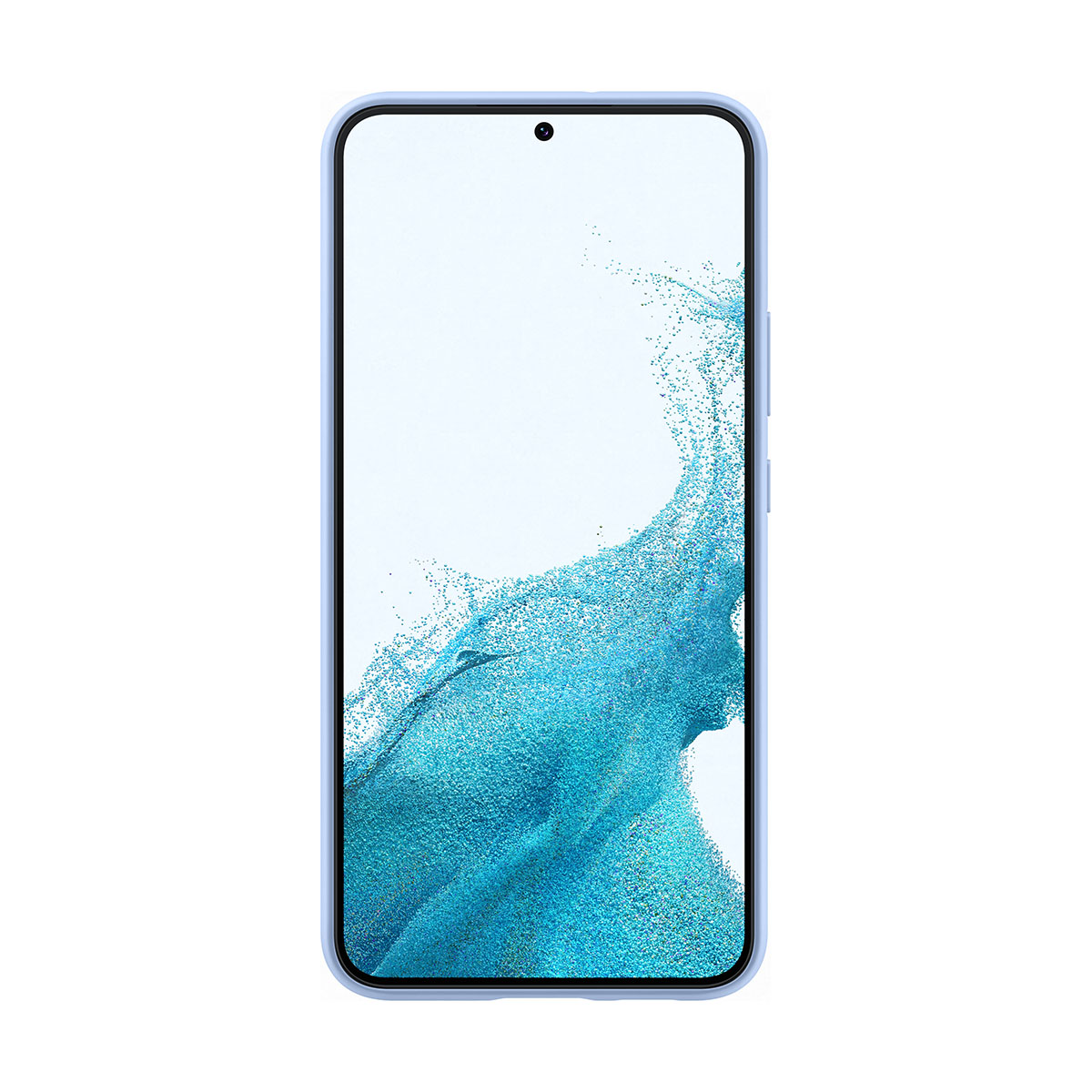 Smartphone, cornice azzurra, schermo bianco. Lo schermo ha un design astratto azzurro e bianco.