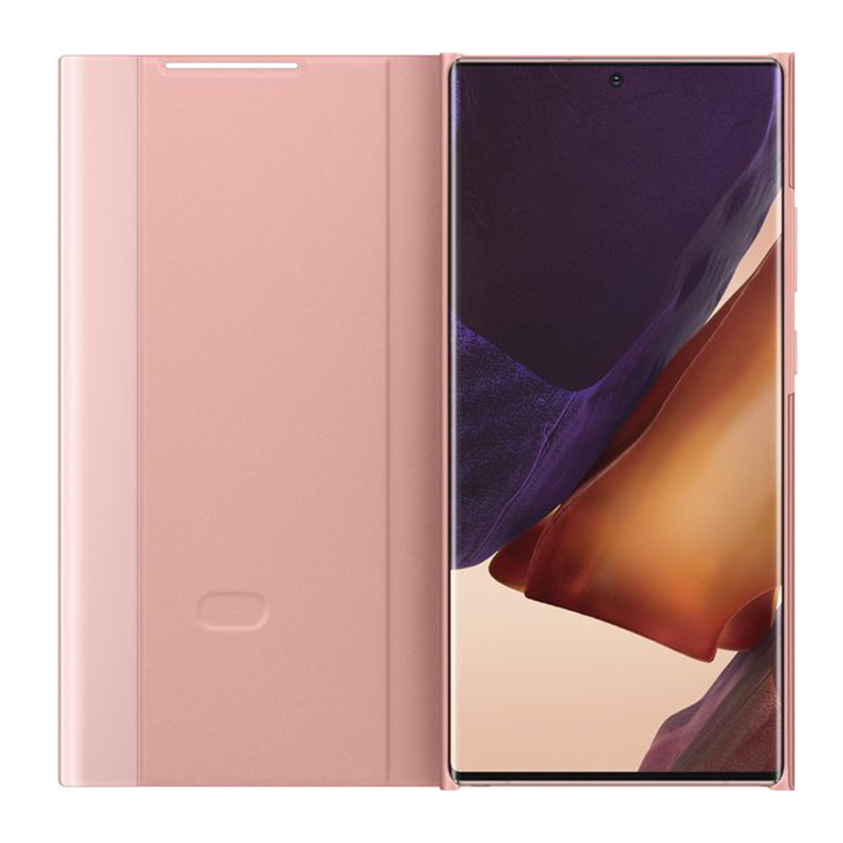 Smartphone in una custodia rosa, aperto. Lo schermo mostra un design astratto rosa e marrone. Il telefono è centrato.