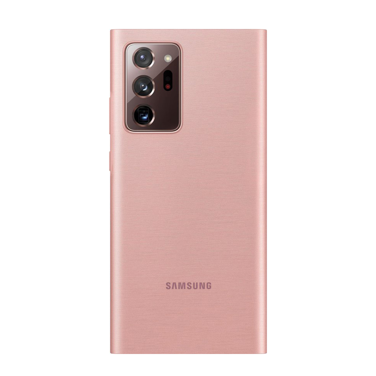 Una custodia per telefono rosa con configurazione della fotocamera. Il telefono ha una fotocamera nell'angolo in alto a sinistra e il logo Samsung.