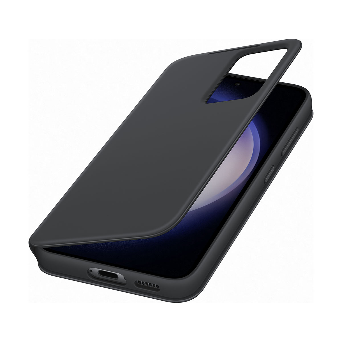 Czarne etui na telefon z telefonem. Telefon jest zakryty przez czarne etui.