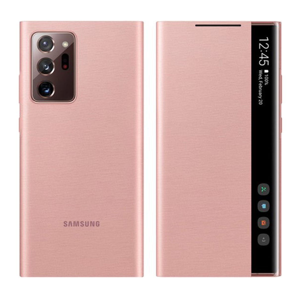 Smartphone in una custodia rosa, chiuso. La custodia mostra uno schermo con ora e data. Il telefono è centrato.