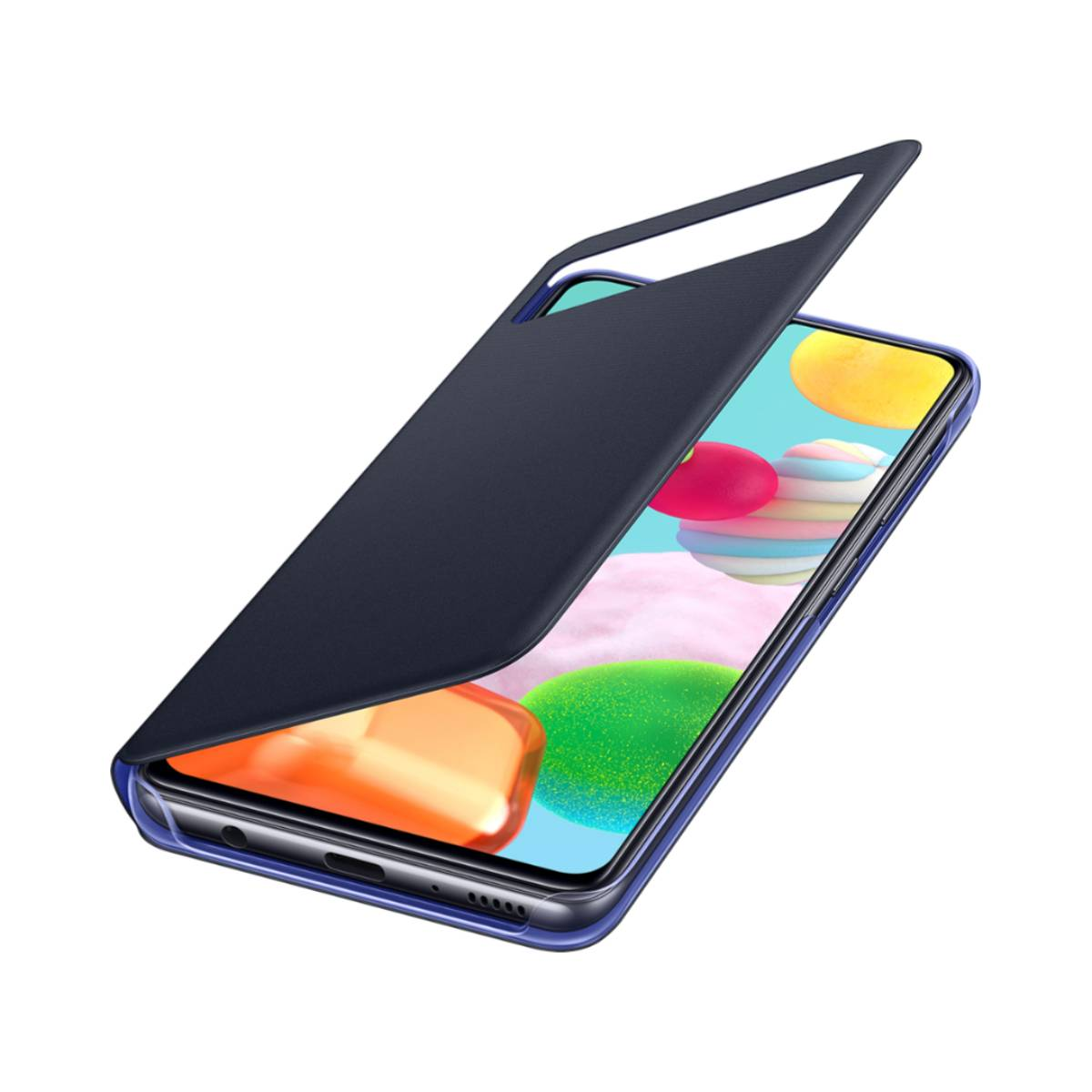 Un teléfono en una funda azul oscuro. La funda está abierta. La pantalla tiene iconos coloridos.