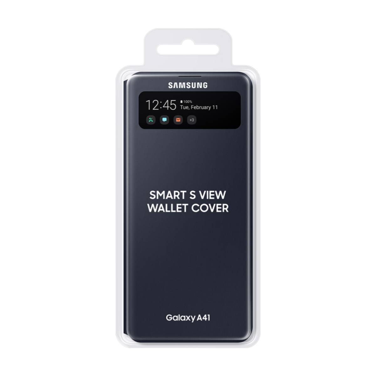 Una funda de teléfono azul oscuro. Dice "SMART S VIEW WALLET COVER" para Galaxy A41. El teléfono está en la funda.