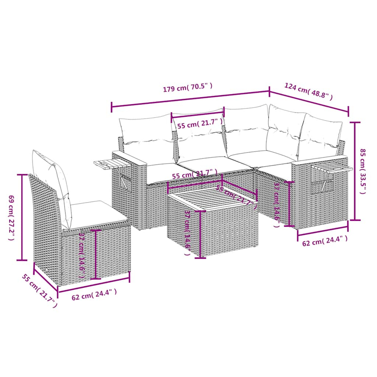 Gartenmöbel-Set mit Maßen. Enthält einen Stuhl und ein Sofa mit Tisch. Maße sind in Zentimetern angegeben.