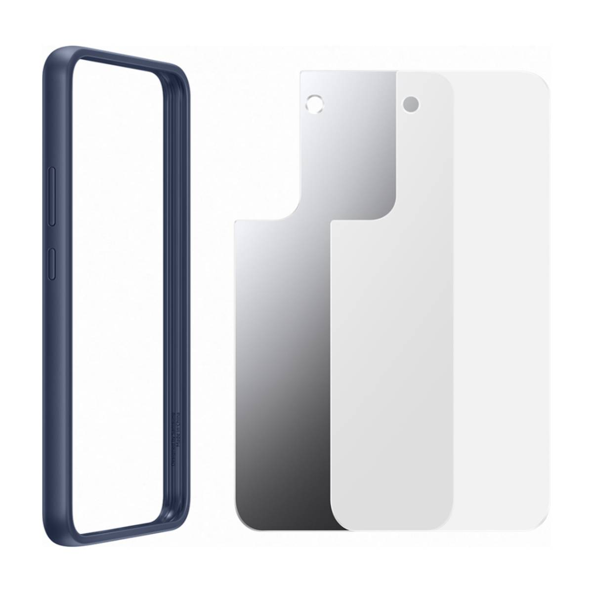 Een donkerblauwe telefoonhoes en de heldere schermbeschermers. De hoes is leeg en het frame is blauw.