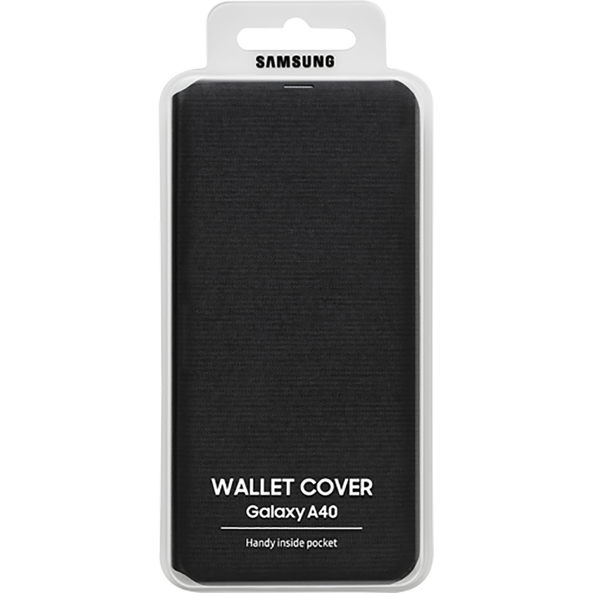 Czarne etui portfelowe w opakowaniu. Opakowanie zawiera logo Samsung i tekst: Wallet Cover Galaxy A40.
